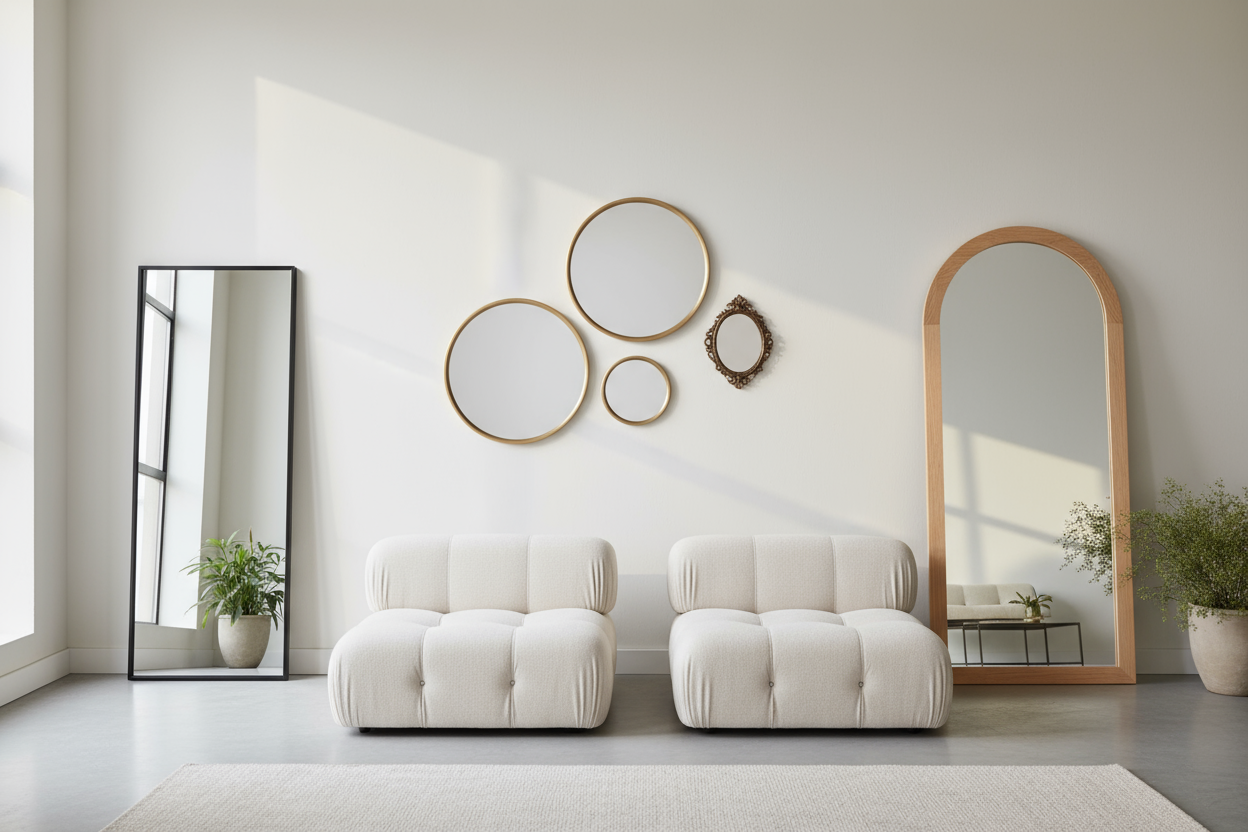 selezione di specchi sia appesi che poggiati a terra su sfondo salotto